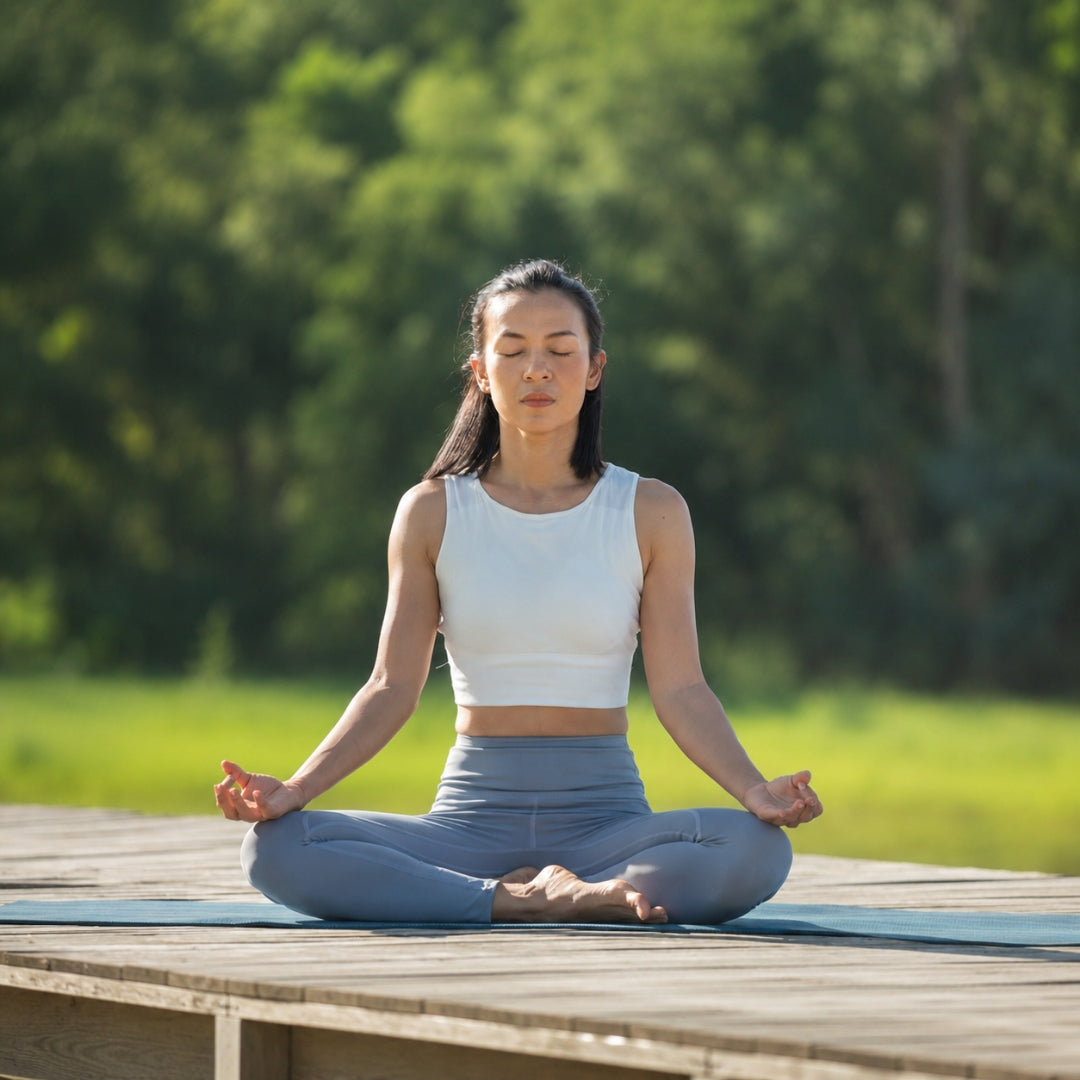 A woman meditating in a white crop top and gray leggings on a wooden deck outdoors with a green forest background.