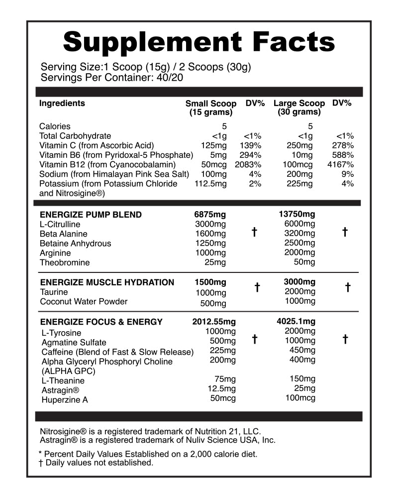 Energize Complete Pre Workout and Pump Blend Supplement