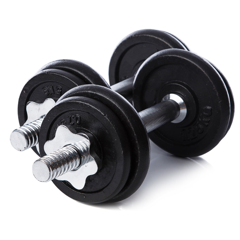 A pair of adjustable dumbbells with black weight plates and silver metal handles, photographed on a clean white background.