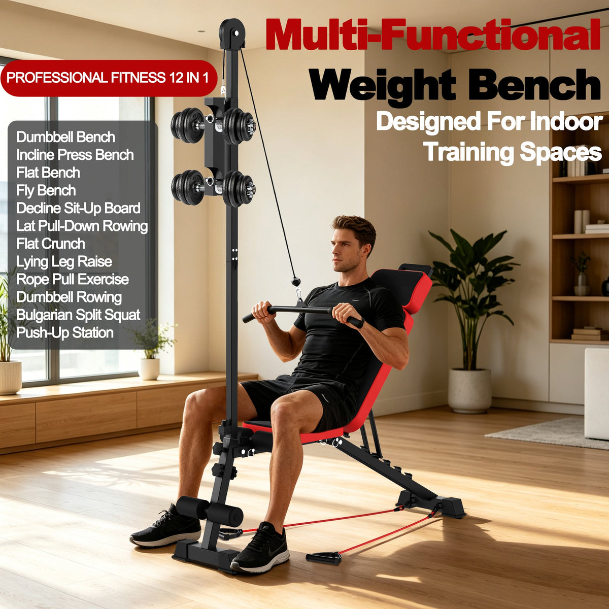 Multi Functional Weight Bench with Pulley Adjustable Backrest