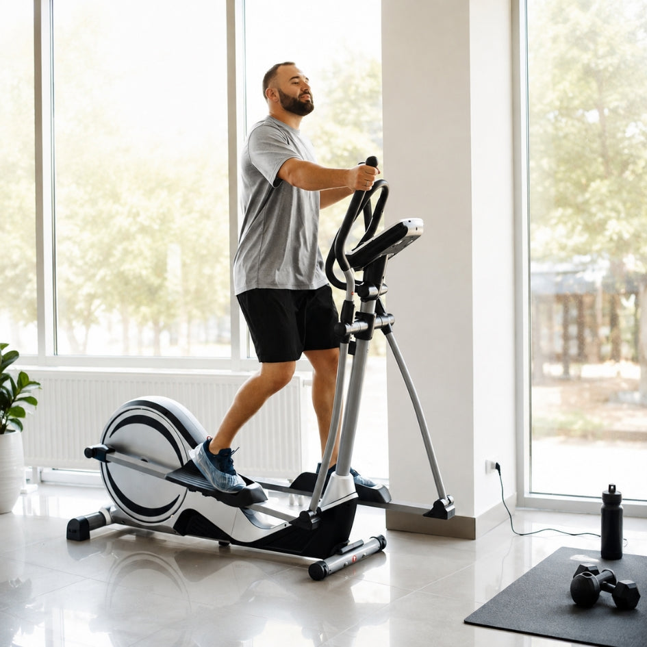 A man exercising on a white and silver elliptical machine in a bright, modern room with large windows and a black workout mat on the floor.