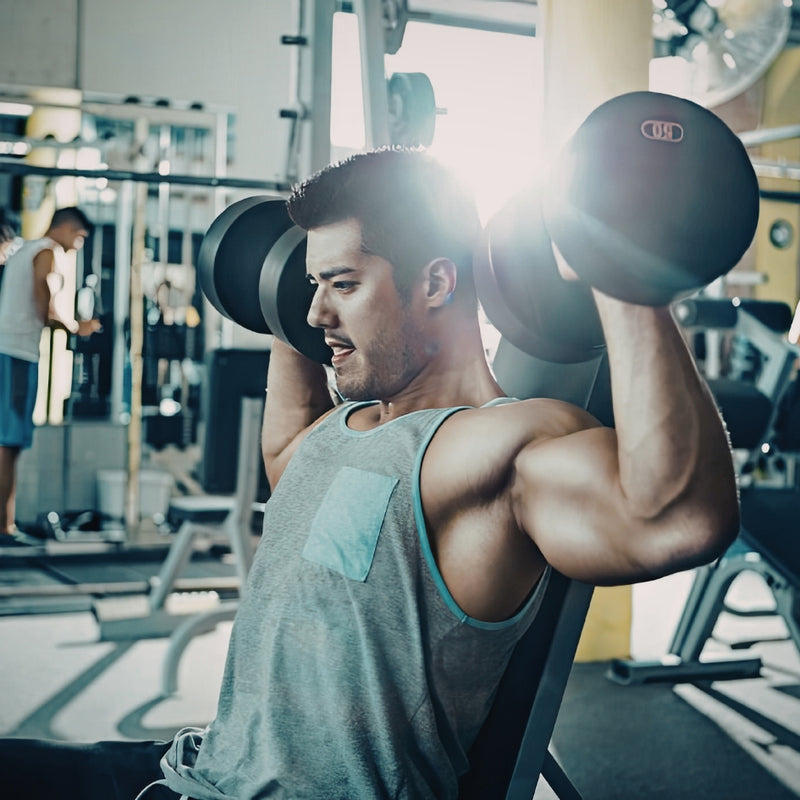 A muscular man in a gym setting, wearing a gray tank top and lifting a black dumbbell over his head with another dumbbell resting on his shoulder. The background shows other gym equipment and a mirror reflecting another person.